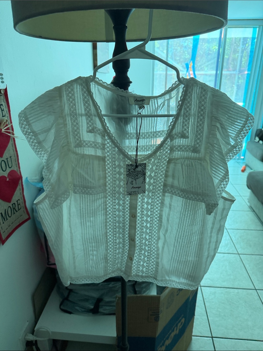 Muse White Lace-Trim Button Front Flutter Sleeve Blouse